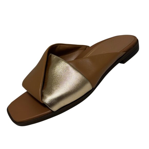 VIONIC Miramar Tan/Gold Slide Sandals Flat SZ 9.5  NEW $140 - Picture 1 of 4